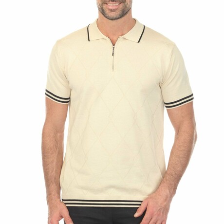 Men's Stylish Premium Knit Textured Polo Shirt with Stripe Accents // Beige (S)