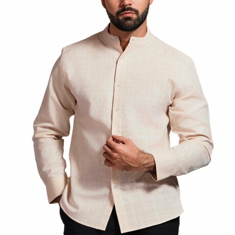 Men’s Resort-Style Mandarin Collar Long Sleeve Shirt // Natural (S)