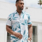 Men's Resort Style Casual Linen Blend Colorful Tropical Leaf Print Shirt (M)