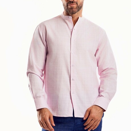 Men’s Resort-Style Mandarin Collar Long Sleeve Shirt // Pink (S)