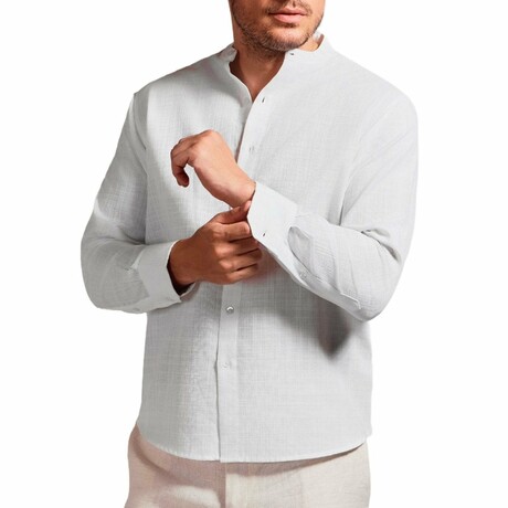 Men’s Resort-Style Mandarin Collar Long Sleeve Shirt // White (S)