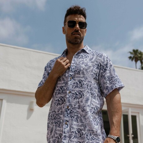 Men's Resort Style Casual Linen Blend Leafy Print Shirt (S)