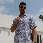 Men's Resort Style Casual Linen Blend Leafy Print Shirt (S)