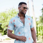 Men’s Aqua Floral Short Sleeve Stretch Shirt (L)