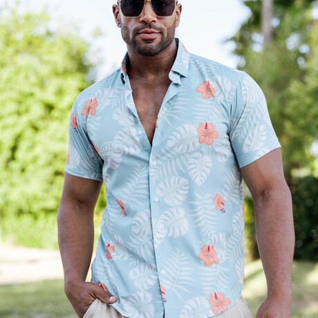 Men’s Aqua Floral Short Sleeve Stretch Shirt (S)