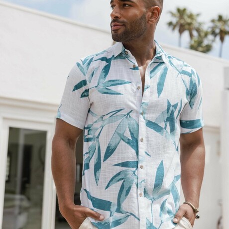 Men's Resort Style Casual Linen Blend Colorful Tropical Leaf Print Shirt (S)
