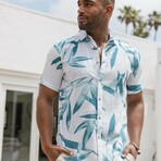 Men's Resort Style Casual Linen Blend Colorful Tropical Leaf Print Shirt (M)