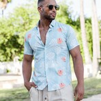 Men’s Aqua Floral Short Sleeve Stretch Shirt (L)