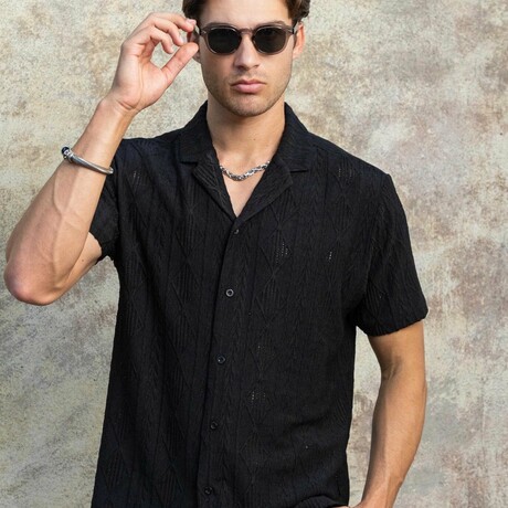Men's Diamond Textured Button Down Knit Shirt // Black (S)