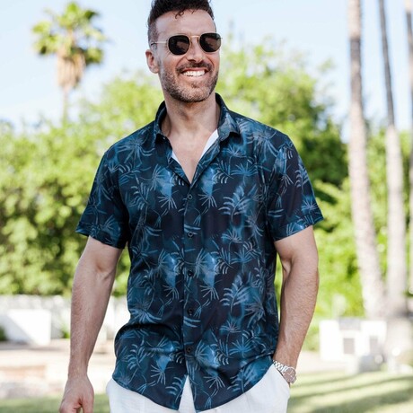 Men’s Navy Palm Short Sleeve Stretch Shirt (S)