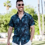 Men’s Navy Palm Short Sleeve Stretch Shirt (S)