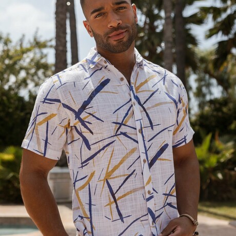 Men's Resort Style Casual Linen Blend Colorful Print Shirt (S)