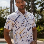 Men's Resort Style Casual Linen Blend Colorful Print Shirt (S)