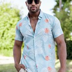 Men’s Aqua Floral Short Sleeve Stretch Shirt (L)