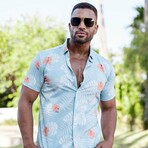Men’s Aqua Floral Short Sleeve Stretch Shirt (L)