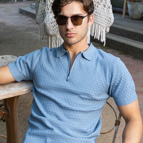Men's Stylish Premium Knit Textured Polo Shirt with Stripe Accents // Slate-Blue (S)