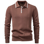 Long Sleeve Striped Knit Polo Sweater // Brown (XS)