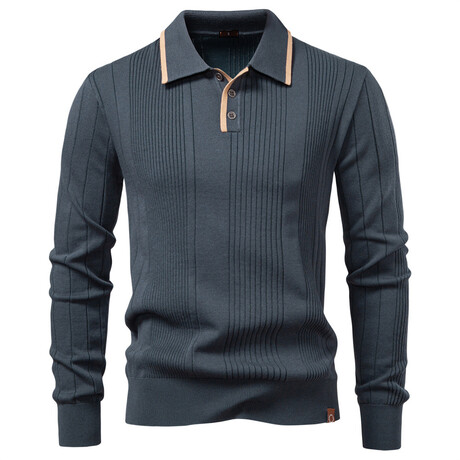 Long Sleeve Striped Knit Polo Sweater // Dark Grey (XS)