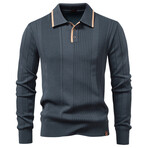 Long Sleeve Striped Knit Polo Sweater // Dark Grey (S)