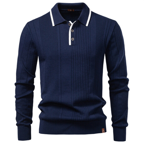 Long Sleeve Striped Knit Polo Sweater // Navy Blue (XS)