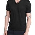 Astor // Regular Fit — Short Sleeve V-Neck Knit Tee // Black (S)