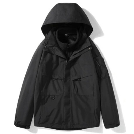 High Neck Chest Pockets Zip-Up Hooded Jacket  // Black (XS)