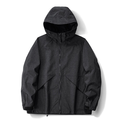 Grid Pattern Zip-Up Hooded Jacket // Black (XS)