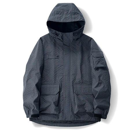 Plaid Zip-Up Utility Hooded Jacket // Gray (XS)