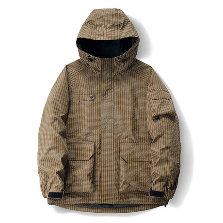 Plaid Zip-Up Utility Hooded Jacket // Brown (XS)
