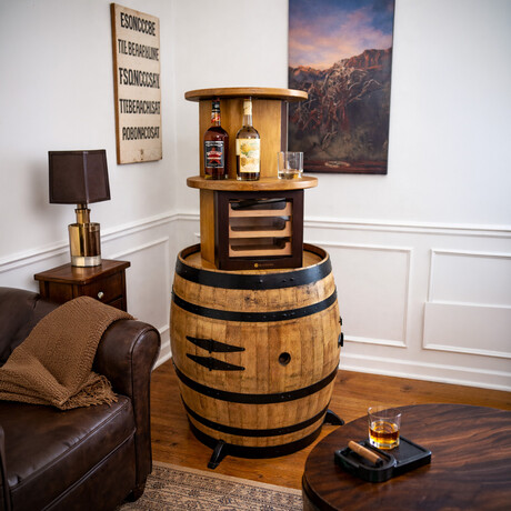 Concealed Power Lift Humidor and Liquor Bar Barrel