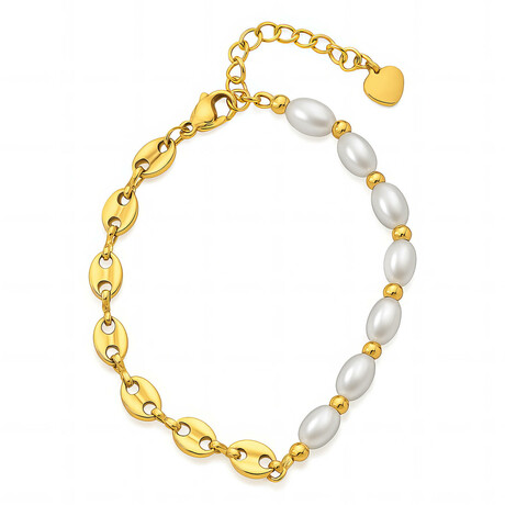 18k Gold Plated Steel + Faux Pearl Halfsies Pearly Girl Bracelet // 6"-8" (Adjustable)