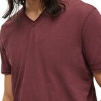 Miles // Short Sleeve Slub V-Neck Knit Tee // Oxblood (M)