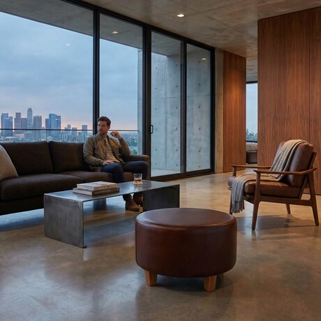 Bare Decor William Genuine 100% Leather Round Ottoman // Brown