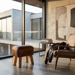 Bare Decor Gorgie Accent Stool in Brown Genuine Leather with Teak Legs