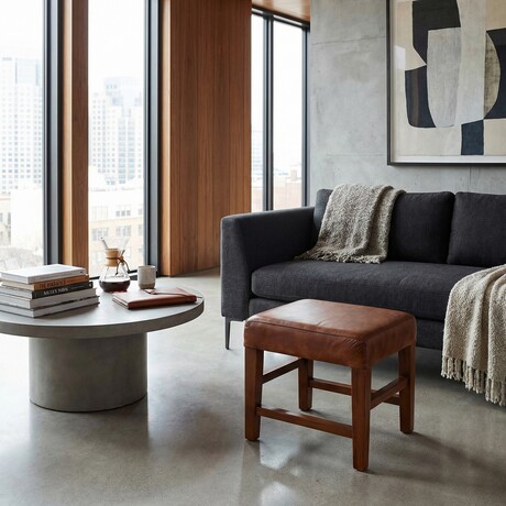 Bare Decor Alvin Genuine Leather Ottoman with Solid Teak Wood Legs // Brown