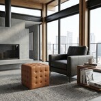 Cortesi Home Charli Tufted Cube Ottoman in 100% Genuine Leather // Saddle Brown