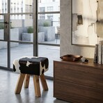 Bare Decor Juliet Genuine 100% Hide and Teak Vanity Stool Ottoman // Black and White