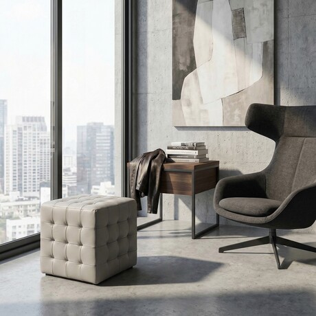 Cortesi Home Charli Tufted Cube Ottoman in 100% Genuine Leather // Light Grey