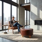 Bare Decor William Genuine 100% Leather Round Ottoman // Brown