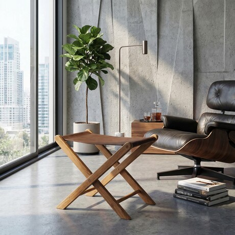 Bare Decor Davie Genuine Teak Wood and Leather Folding Accent Stool // Brown