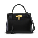 Hermès // Box Calf Leather Kelly 28 Handbag // Black + Gold // Pre-Owned