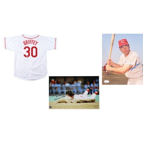 Bench, Rose & Griffey Sr. // CIN Reds // Signed Photos + Signed Jersey