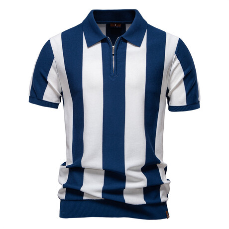 Vertical Striped Zip Polo T-Shirt // Navy blue (XS)