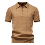 Zippered Paneled Polo T-shirt // Camel (S)