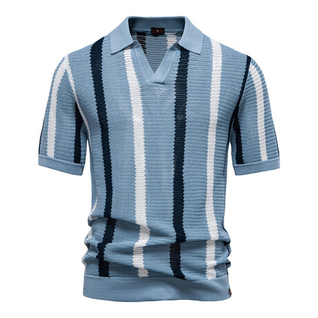 Open Knit Striped Polo T-shirt // Light blue (XS)