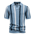 Open Knit Striped Polo T-shirt // Light blue (XS)