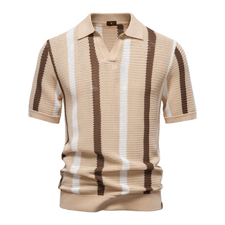 Open Knit Striped Polo T-shirt // Khaki (XS)