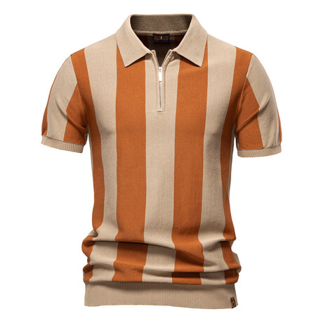 Vertical Striped Zip Polo T-Shirt // Earthy yellow (XS)