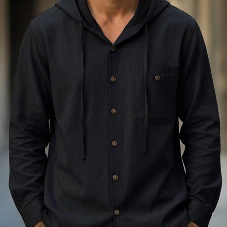 Button Down Long Sleeve Hoodie  // Black (XS)