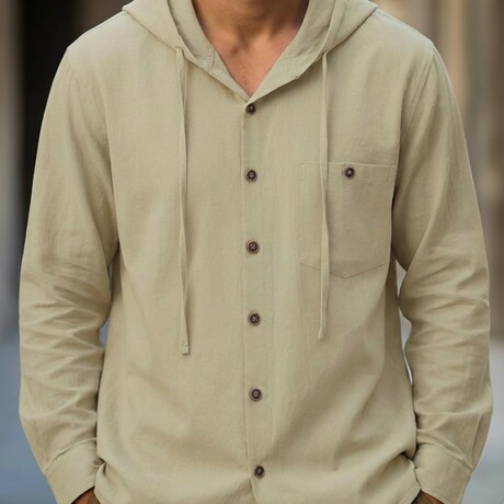 Button Down Long Sleeve Hoodie  // Khaki (XS)